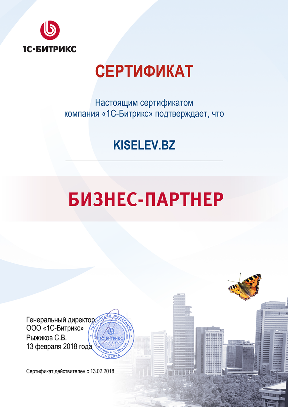 Сертификат партнёра по СРМ системам в Хилке